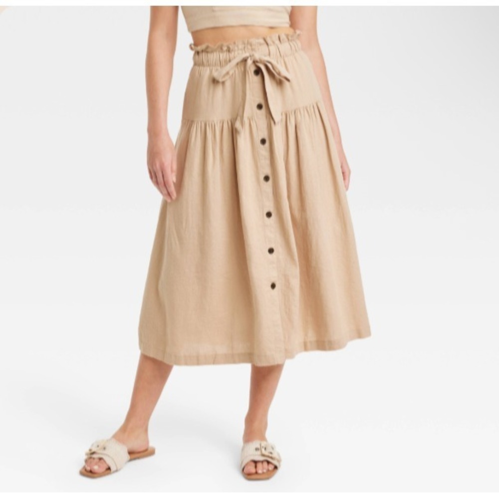 Linen Blend Drawstring Skirt Tan Universal Threads - XS - Pockets! NEW